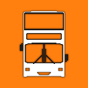 A white double-decker bus with rectangular headlights, a smiley face and one large destination display on an orange background.