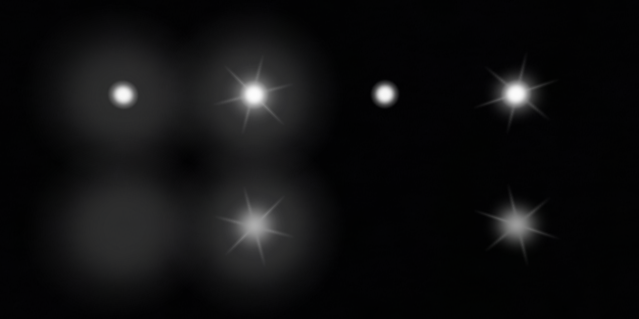 A soft-edged circle of light with a faint glow around it; the same but slightly brighter and with 6 radiating rays; the first without the faint glow; the second without the faint glow; just the faint glow; the faint glow with 6 radiating rays; nothing at all; just the 6 radiating rays