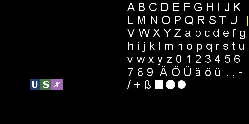 Left: a black image with three small coloured symbols; Right: a black background with lowercase and uppercase Germanic alphabets, numbers, and some symbols in white
