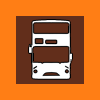 A white double-decker bus with round headlights, a sad face and two small destination displays within a brown square with a thick orange border.